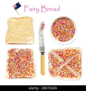 How to make fairy bread, traditional Australian children's party food.  Hundreds and thousands candy sprinkles on buttered white bread. Stock Photo