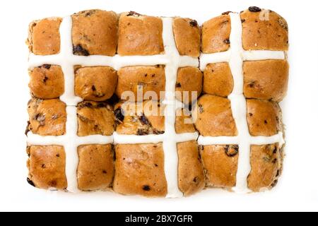 Hot cross buns, isolated on white.  Top view.  Six Easter treats. Stock Photo