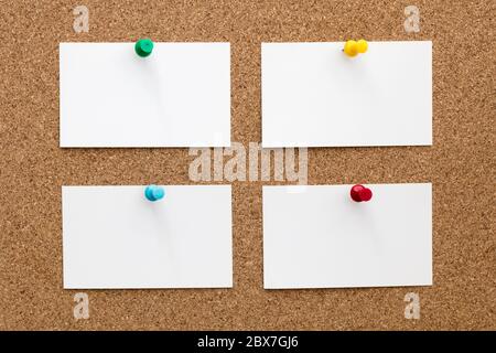 Four blank business cards fastened with push pins on cork board. Stock Photo