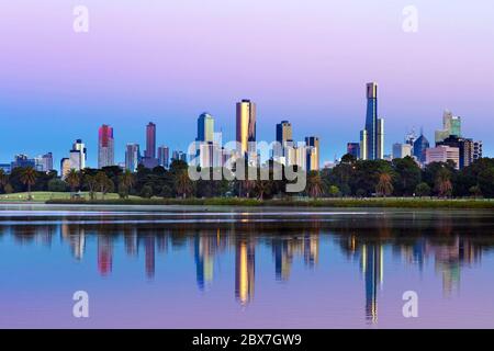 Melbourne, Australia.  Skyline viewed from Albert Park Lake at sunrise. Large file. Stock Photo