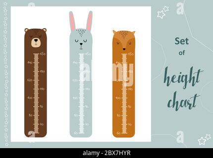Kids space height chart. Cute wall meter with funny animals. Vector template. Cartoon zoo. Design of children's products in scandinavian style. Stock Vector
