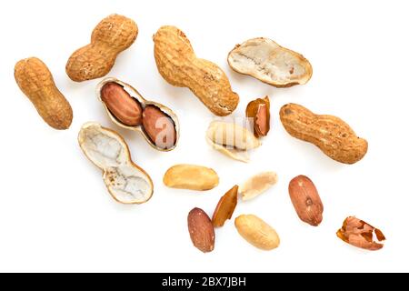 Roasted peanuts in shell, top view, isolated. Stock Photo