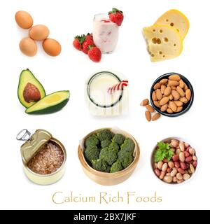 Collection of calcium rich foods isolated on white. Stock Photo
