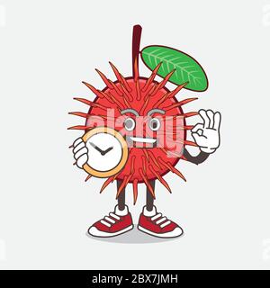 An illustration of Rambutan Fruit cartoon mascot character holding a clock Stock Vector