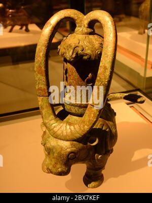 Chinese ancient copper cow lamp Stock Photo