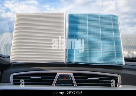 various filters of the car air conditioner on the central deflector Stock Photo