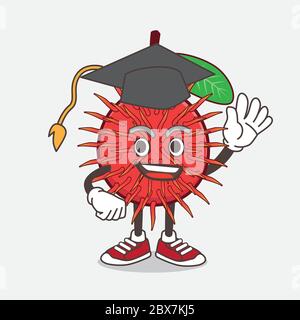 An illustration of Rambutan Fruit cartoon mascot character in a black Graduation hat Stock Vector