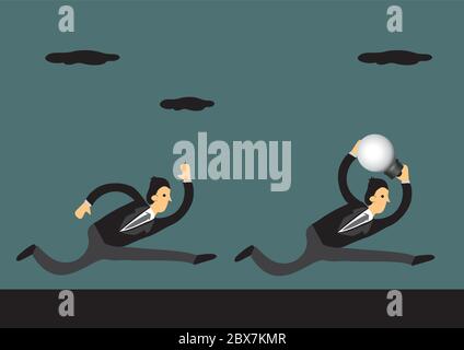 Businessman running with a big light bulb, a symbol to represent ideas, and his rival trying to catch up. Vector illustration for business concept and Stock Vector