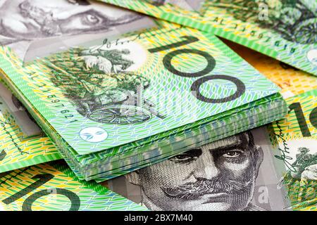 Australian one hundred dollar bills. Stock Photo