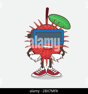 An illustration of Rambutan Fruit cartoon mascot character with Virtual reality headset Stock Vector