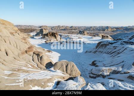 Dinosaur Provincial Park, Alberta, Canada in winter; a UNESCO World Heritage Site Stock Photo