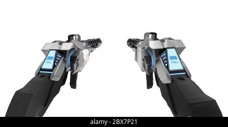 Futuristic metal guns with neon ammo indicator display from first person view isolated on white background. Stock Photo