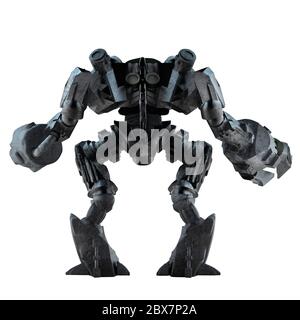 Grey steel futuristic sci-fi mech warrior robot  standing isolated on white background back view. Stock Photo