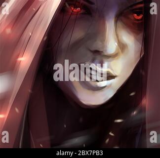Illustration of a fantasy woman angry face in hood with glowing eyes and fire ashes flying. Stock Photo