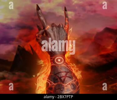 Artwork of a 3d first person view demonic hand showing horn sign and magic pentacle fire effects on hellish landscape background. Stock Photo