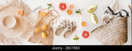 Summer mood layout with feminine accessories and fruits, top view Stock Photo