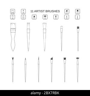 Art and painting brush set. Simple line icons stationary artist watercolor and acrylic accessories. Vector illustration. filbert brush linear angular Stock Vector