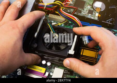 First person view hands installing computer cooler on motherboard. Stock Photo