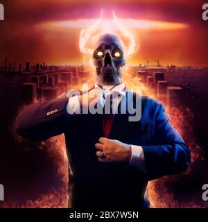 Politician man with fire horned skull head in black suit straightens a red tie on nuclear blast city background. Stock Photo