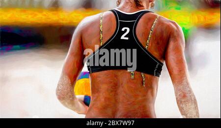 A Female Beach Volleyball Player is Getting Ready to Serve the Ball Stock Photo