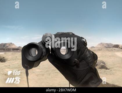 First person view view soldier hand in black battle gloves & tactical jacket holding binoculars on desert war scene with health & armor indicator. Stock Photo