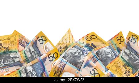 Border of falling Australian money. Fifty and hundred dollar notes ...