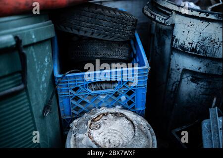Weathered and rusted junk and tools up close Stock Photo