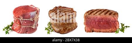 Three views of a filet mignon - uncooked, chargrilled, and cut ready to enjoy.  Perfect medium rare, garnished with thyme. Stock Photo