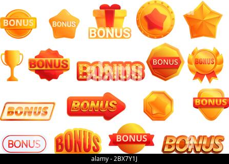 Bonus icons set. Cartoon set of bonus vector icons for web design Stock Vector
