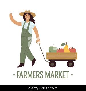 Woman farmer wearing overalls with a wooden trolley selling apples and pears. Farmer's market, eco products, grocery store, zero waste shop, local Stock Vector