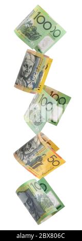 Border of falling Australian money.  Fifty and hundred dollar notes raining down, isolated on white. Stock Photo