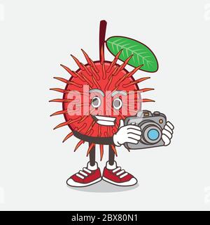 An illustration of Rambutan Fruit cartoon mascot character as photographer in action with a camera Stock Vector