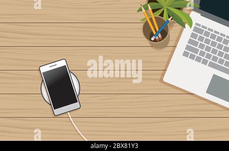 Tech device charge sharing battery mobile phones on wooden table. Stock Vector