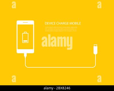 Tech device charge battery mobile phones with usb cable connect on yellow background. Stock Vector