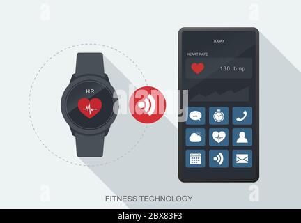 Fitness technology mobile data synchronize between smartwatch and smartphone. Stock Vector