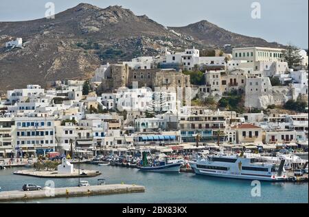 the port and naxos town, Naxos, cyclades islands, Greece Stock Photo ...