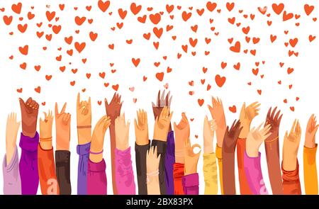 Human hands rised up and sending love, appreciation, connection and support. Dating app, searching for love and romantic event or date, sending love Stock Vector