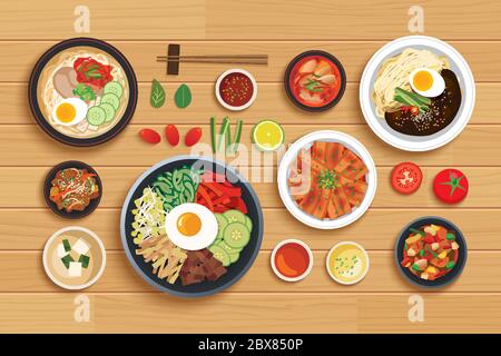 korean food set on top view wooden table background. Stock Vector