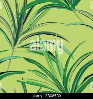 Greenery fresh palm background design. Tropical leaf various banana or coconut jungle, rainforest wild realistic illustration seamless pattern. Vector Stock Vector