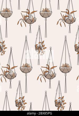 Macrame home plant hanger seamless pattern  background. Boho rustic style hand-made crochet. Scandinavian design. Stock Vector