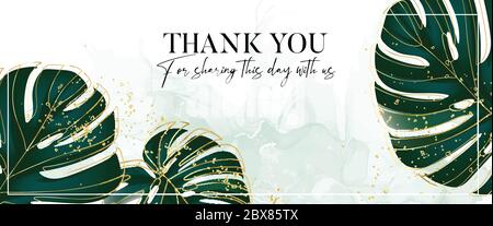 Monstera evergreen tropical palm leaves, jungle rainforest paradise leaves with gold glitters luxury vector floral design template. Old vintage marble Stock Vector