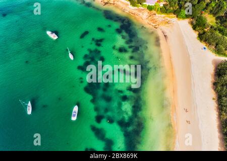 Secluded small sandy beach on Sydney middle harbour Lower north shore around Mosman wealthy suburb - aerial top down view over floating yachts and rel Stock Photo