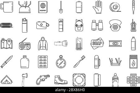 Survival Gear Kit Vector illustration. Bushcraft Outdoor Adventure Prepper Survival  Equipment. Set of Hiking and Camping items in outline doodle style. Stock  Vector