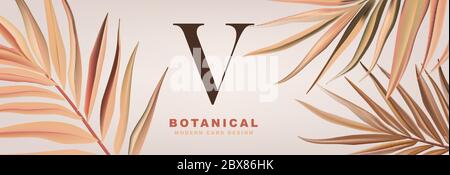 Soft palm leaves in beige color with logo design template. Horizontal botanical header, website poster, greeting cards, banner. Nature frame  in Vecto Stock Vector