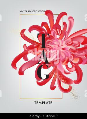 Elegant chrysanthemum brochure, greeting card, background, cover. Pink and golden save the date template. Geometric golden frame. Daisy  garden bloom. Stock Vector