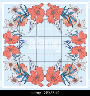 Foral red poppy scarf geometric design with basic lines, leaves, branches. Wild garden bloom frame pastel design. Square nature vintage illustration, Stock Vector