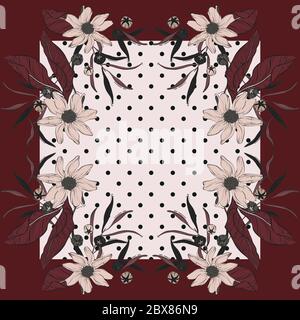 Botanical pink flowers on Dark red background, line art illustration. Wild flower wallpaper, silk scarf design, ceramic mosaic set. Vector Stock Vector