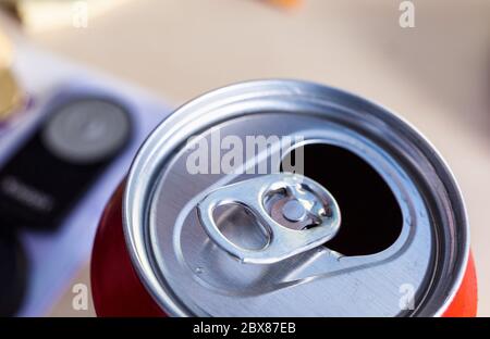Beer Can Ring Pull, close up - open beer cans with locking ring Stock Photo