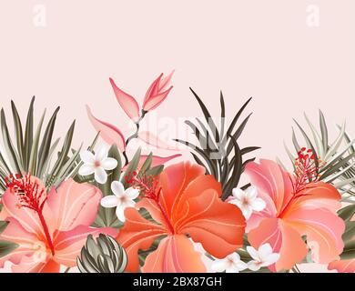 Tropical hibiscus plumeria vintage graphic  floral pampas grass ,palm leaves Exotic orange pink frame, floral border seamless wallpaper. Vector. Stock Vector