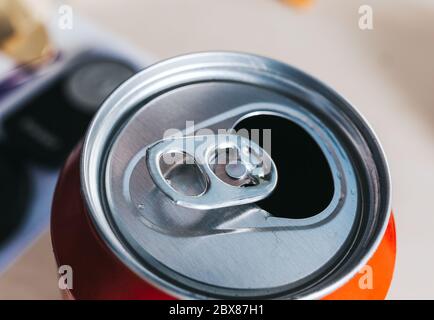 Beer Can Ring Pull, close up - open beer cans with locking ring Stock Photo